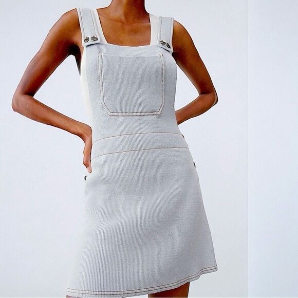 Zara Knit Overall Mini Dress Baby Blue Bloggers Fav Size Small - Picture 1 of 8